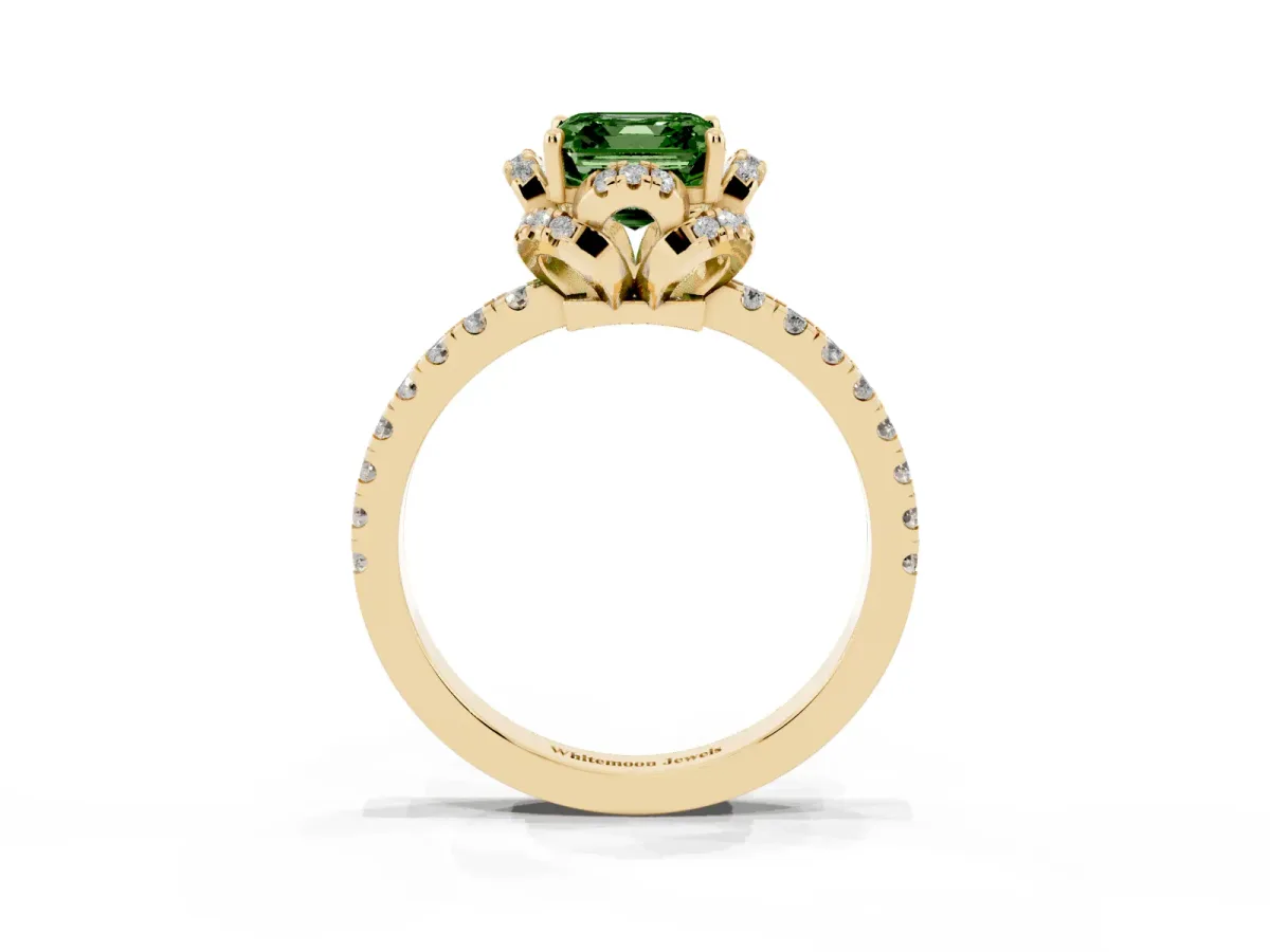 Fancy Green Asscher Cut Diamond Halo Pave Band with Four-Prong Setting Yellow gold