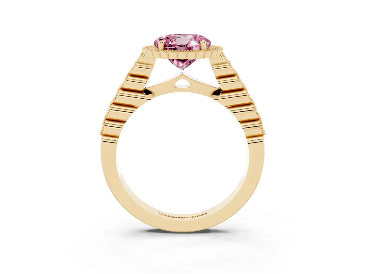 Fancy Pink Round Cut Cut Halo Pavé Solitaire Ring with Milgrain Band Yellow gold