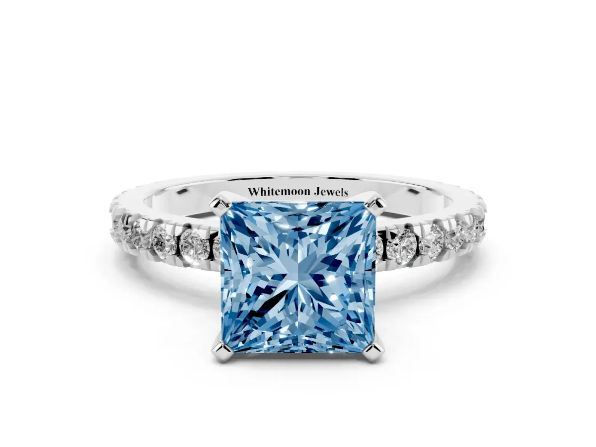 Fancy Blue Princess Cut Diamond Pavé Band Solitaire with Four-Prong Setting Platinum