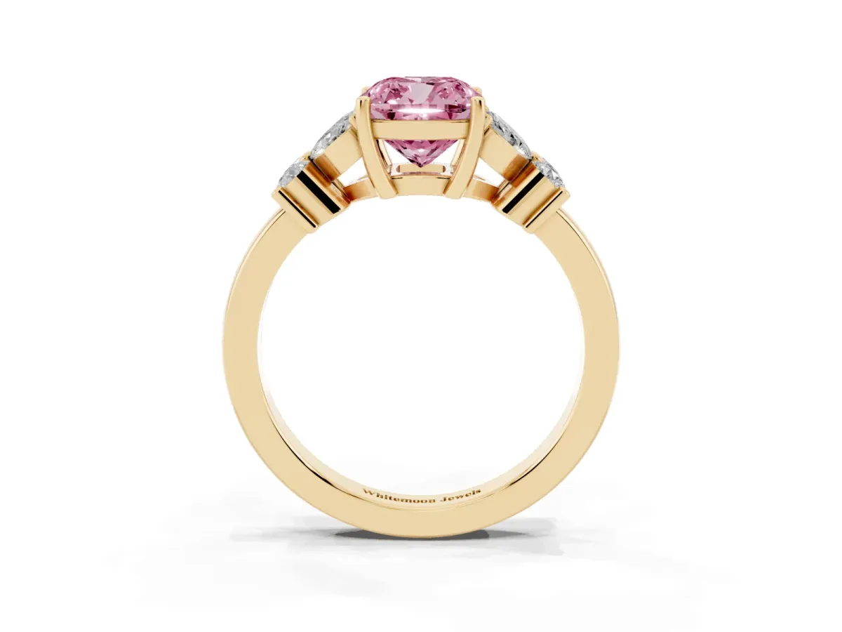 Fancy Pink Cushion Cut Diamond Floral Cluster Ring with Solitaire Band and Prong Setting Yellow gold