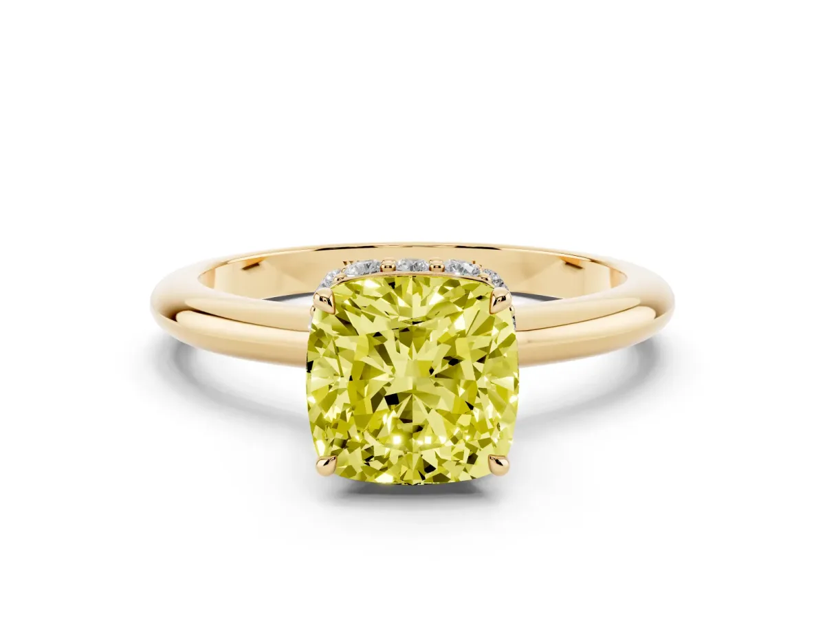 Fancy Yellow Cushion Cut Brilliant Solitaire Engagement Ring with Six-Prong Setting and Classic Band Yellow gold