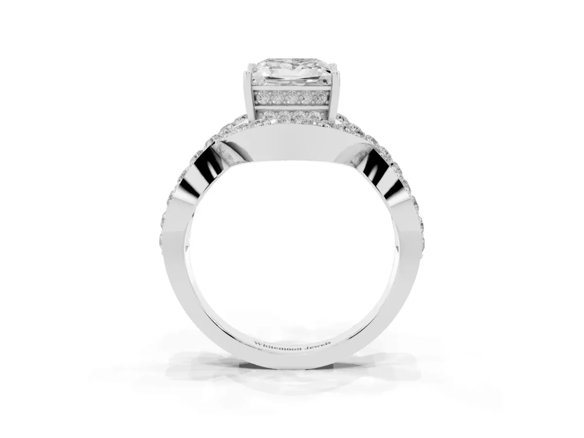 Princess Cut Solitaire Twist Band Pavé Diamond Engagement Ring Platinum