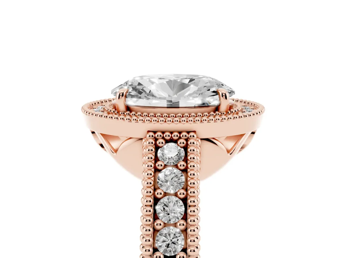 Oval Cut Cut Halo Diamond Ring with Pavé Band and Four-Prong Setting Rose gold