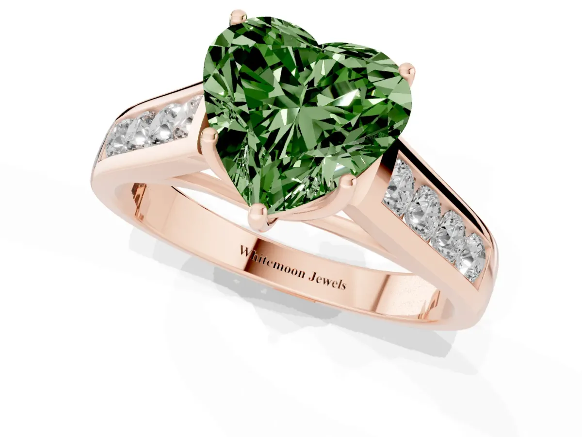 Fancy Green Heart Cut Brilliant Channel-Set Solitaire Ring with Four-Prong Setting Rose gold