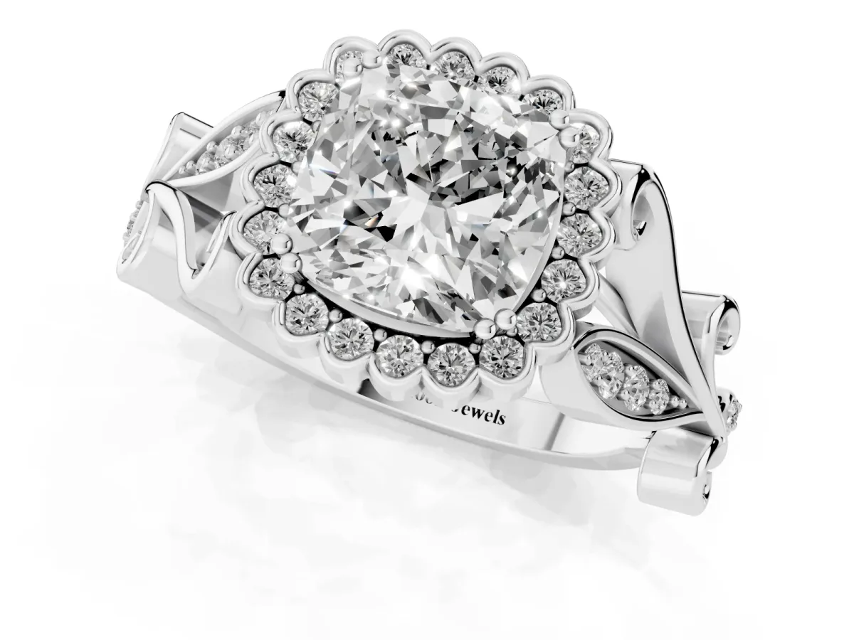 Cushion Cut Diamond Halo Ring with Vintage Split Shank and Four-Prong Setting Silver