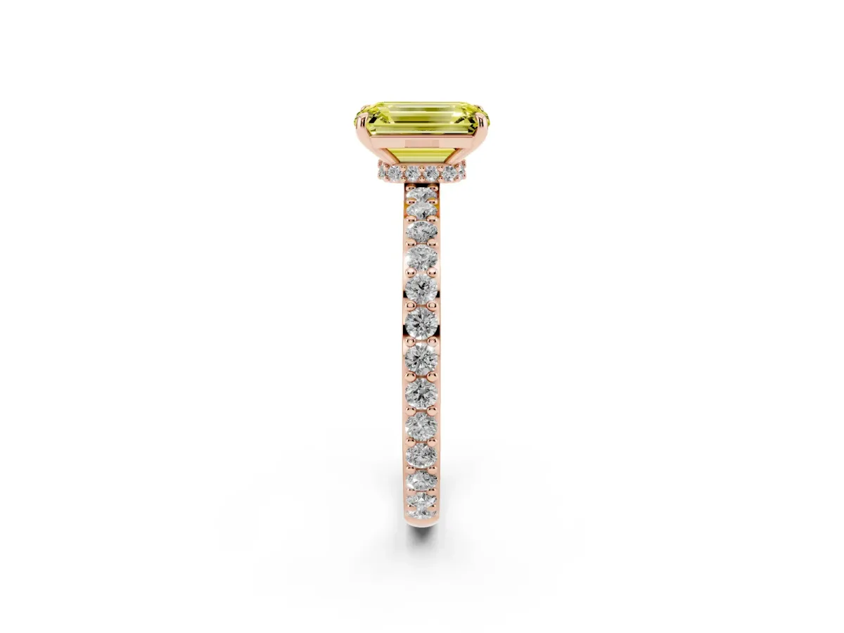Fancy Yellow Emerald Cut Diamond Pavé Engagement Ring with Round Accents and Prong Setting Rose gold