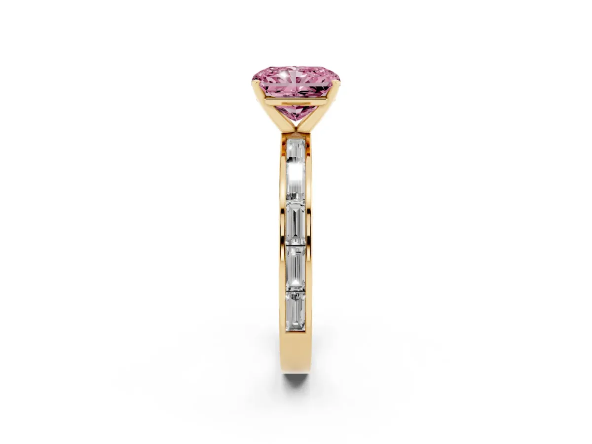 Fancy Pink Radiant Cut Solitaire Diamond Ring with Channel-Set Baguette Band and Four-Prong Setting Yellow gold