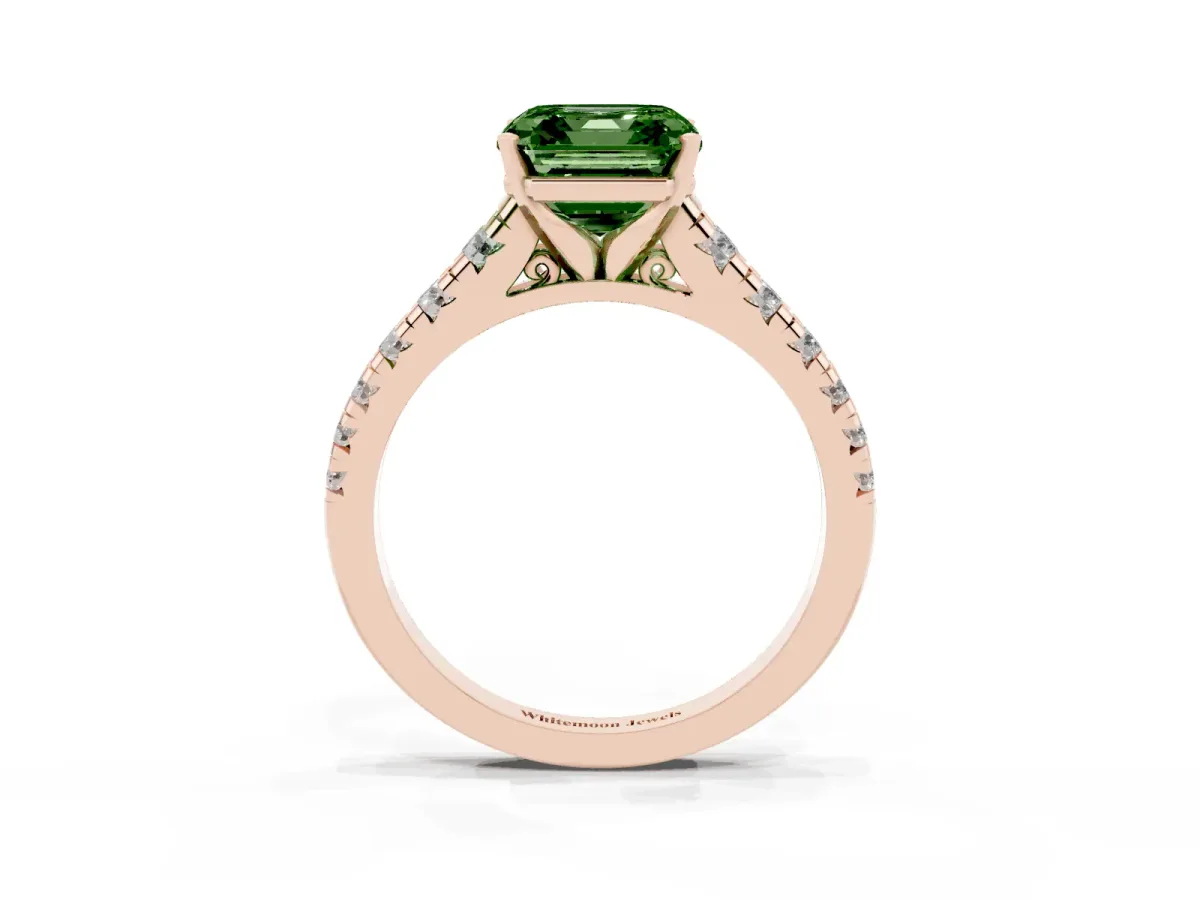 Fancy Green Asscher Cut Diamond Cathedral Solitaire Ring with Round Pavé Band Rose gold
