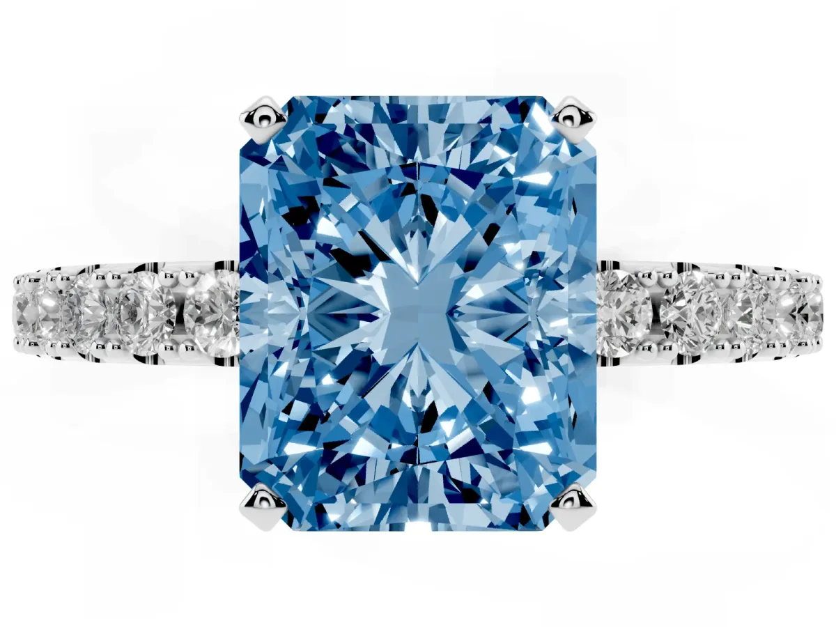 Fancy Blue Radiant Cut Diamond Solitaire Pavé Band with Four-Prong Setting Silver