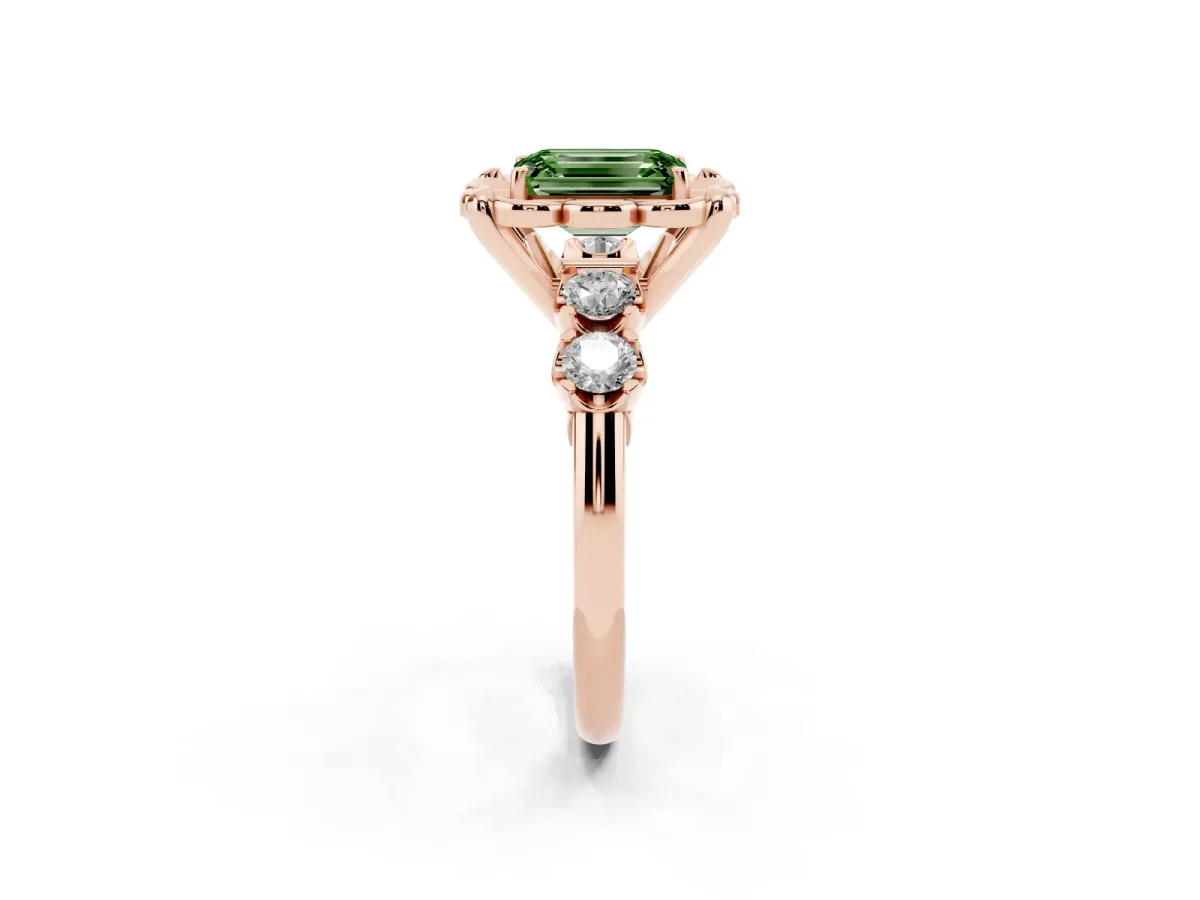 Fancy Green Emerald Cut Cut Diamond Floral Halo Engagement Ring with Shared Prong Setting Rose gold