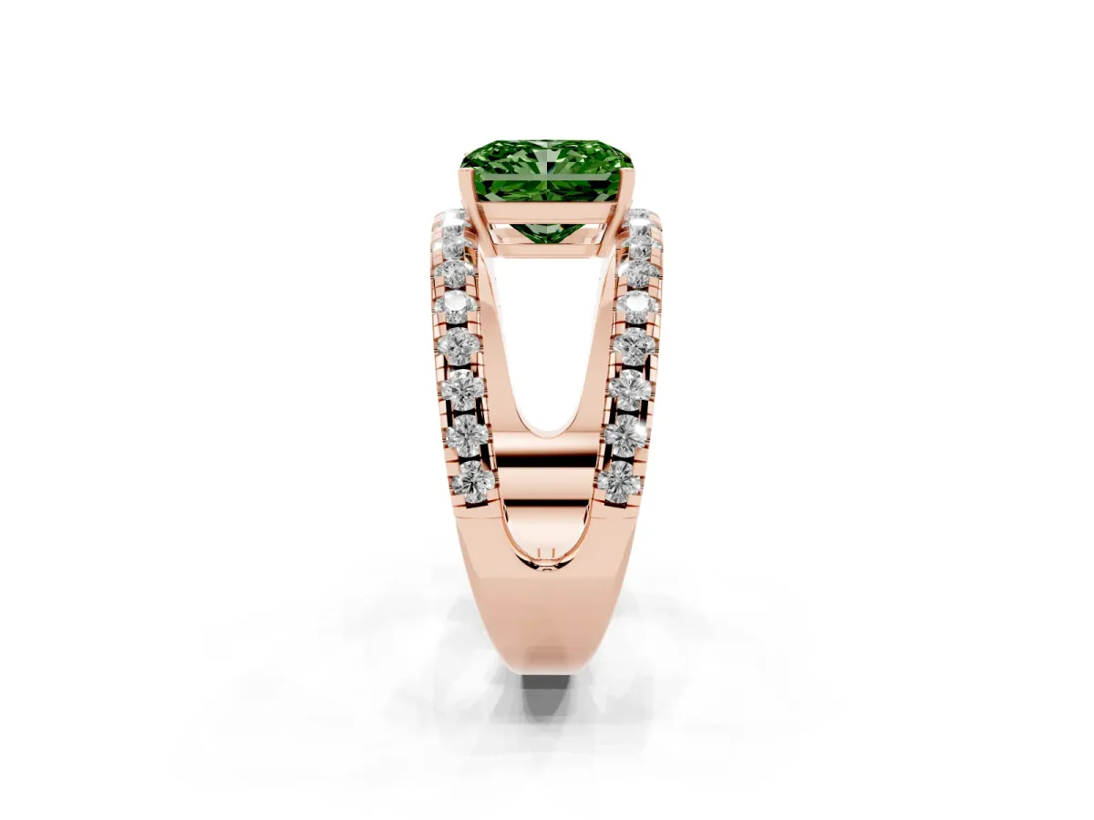 Fancy Green Radiant Cut Solitaire Split Shank Pave Diamond Ring Rose gold