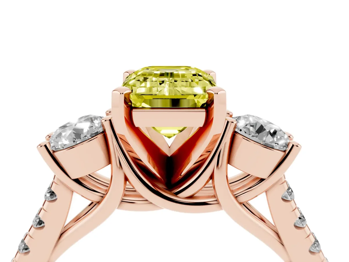 Fancy Yellow Three-Stone Emerald Cut Diamond Pavé Band with Four-Prong Setting Rose gold