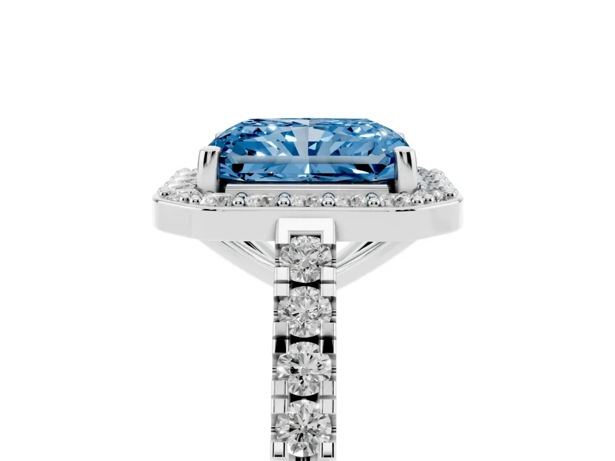 Fancy Blue Radiant Cut Diamond Halo Ring with Round Pavé Split Shank and Prong Setting Silver