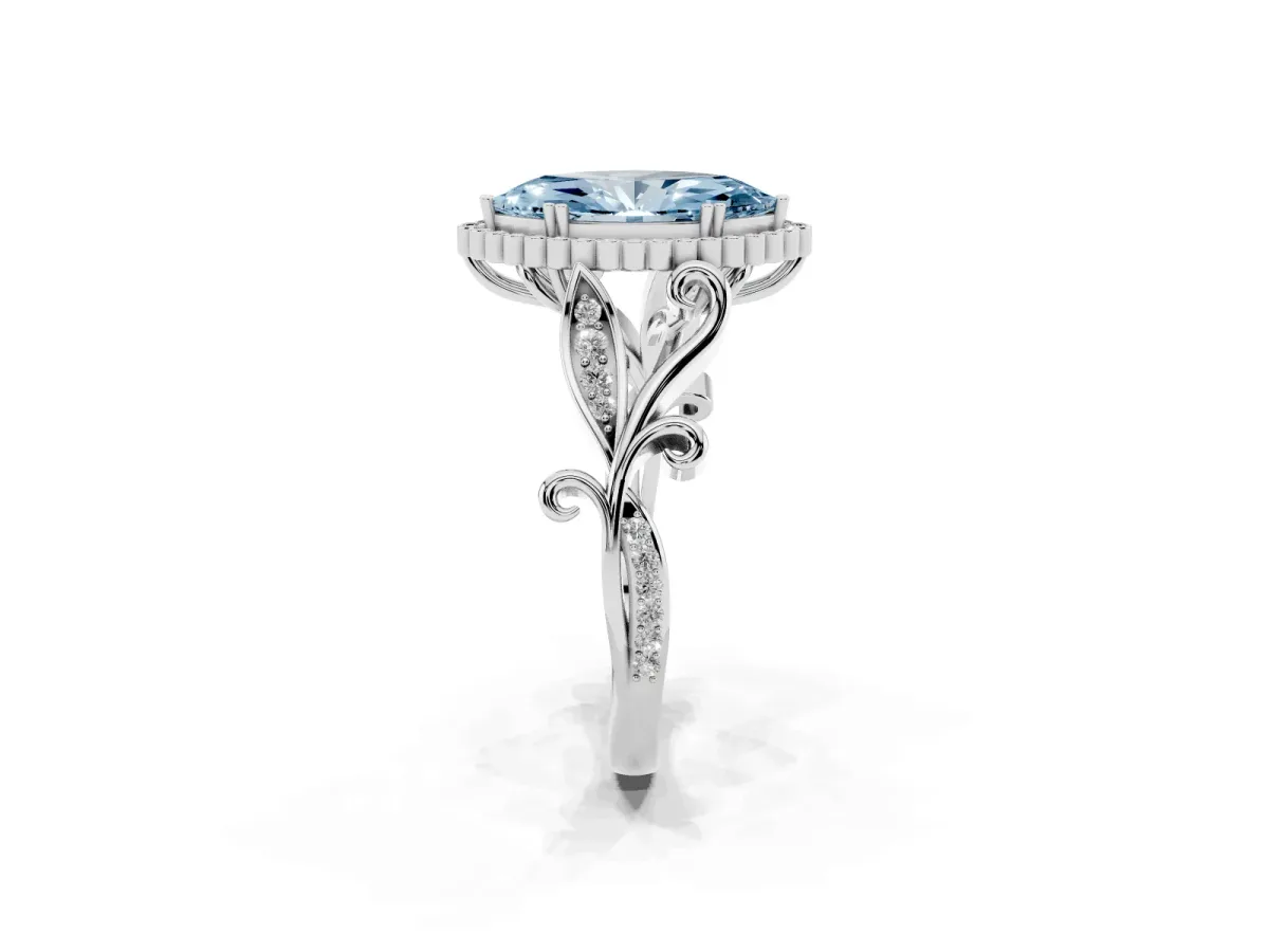 Fancy Blue Marquise Cut Diamond Halo Ring with Vintage Split Shank and Four-Prong Setting Silver