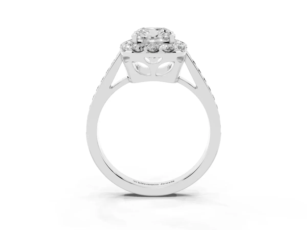 Cushion Cut Diamond Floral Halo Ring with Pavé Band and Prong Setting Platinum
