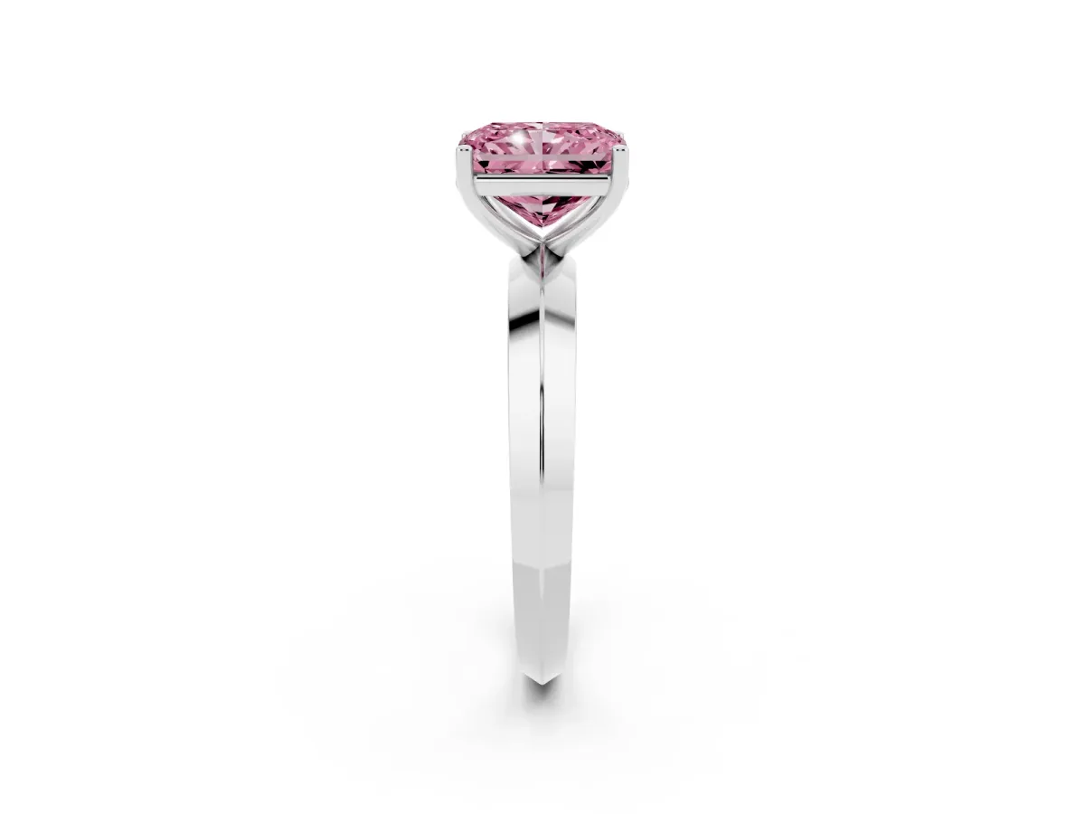 Fancy Pink Radiant Cut Cut Solitaire Engagement Ring with Flat Band and Four-Prong Setting Platinum