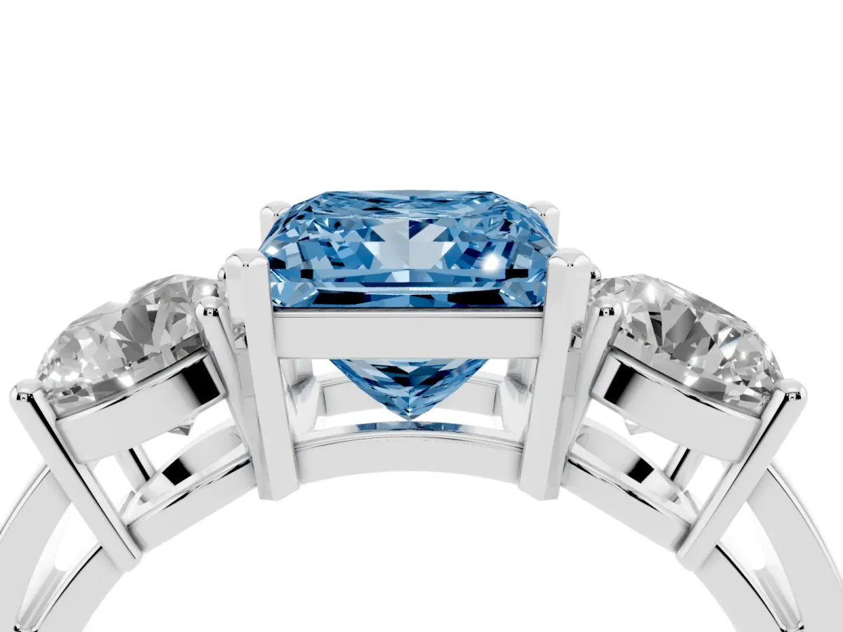 Fancy Blue Three-Stone Princess Cut Diamond Ring with Round Side Stones, Classic Band, and Four-Prong Setting White gold