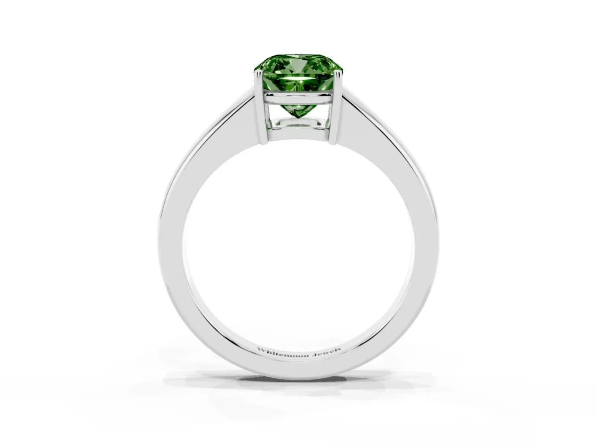 Fancy Green Cushion Cut Solitaire Diamond Ring with Tapered Band and Four-Prong Setting Silver