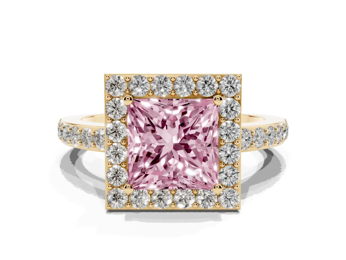 Fancy Pink Princess Cut Halo Diamond Pavé Band Ring with Prong Setting Yellow gold