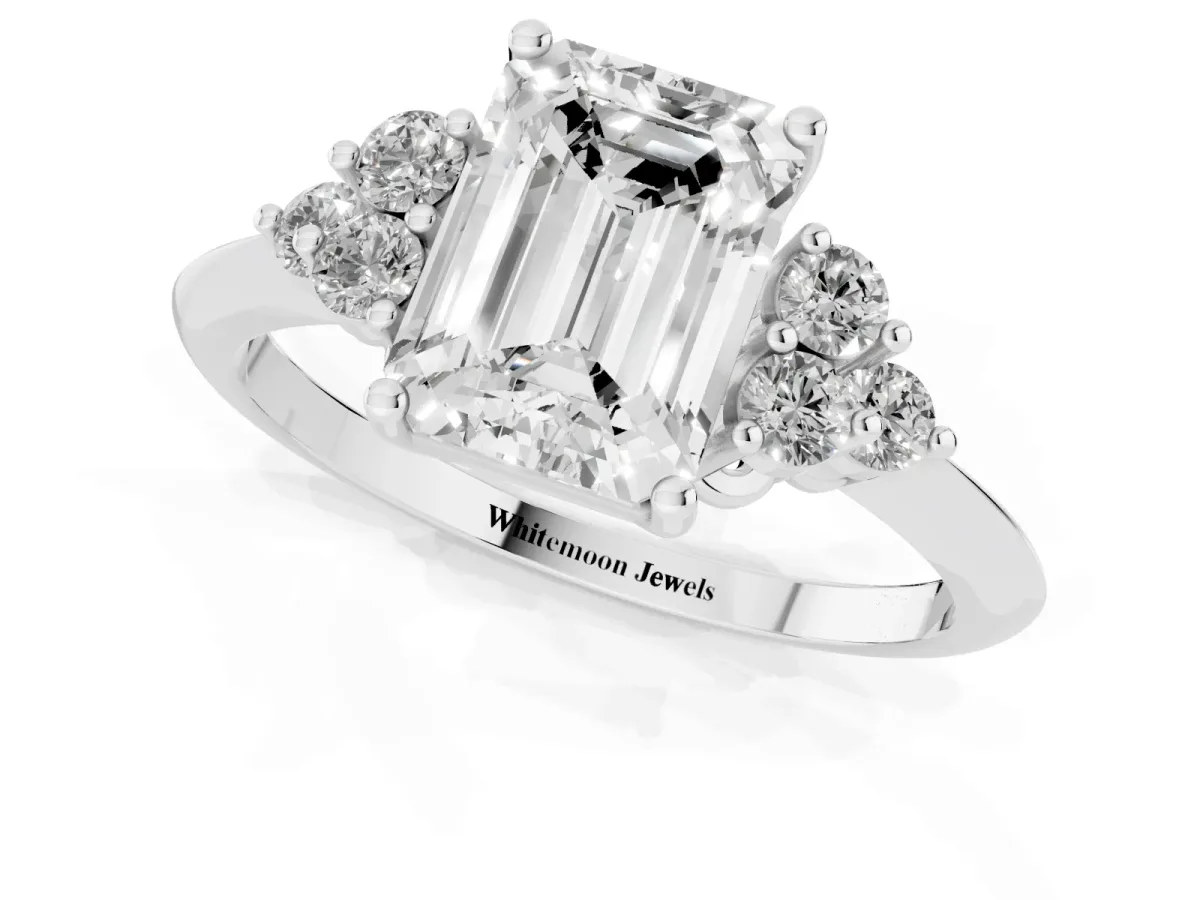 Emerald Cut Cut Diamond Cluster Ring with Solitaire Band and Four-Prong Setting Silver