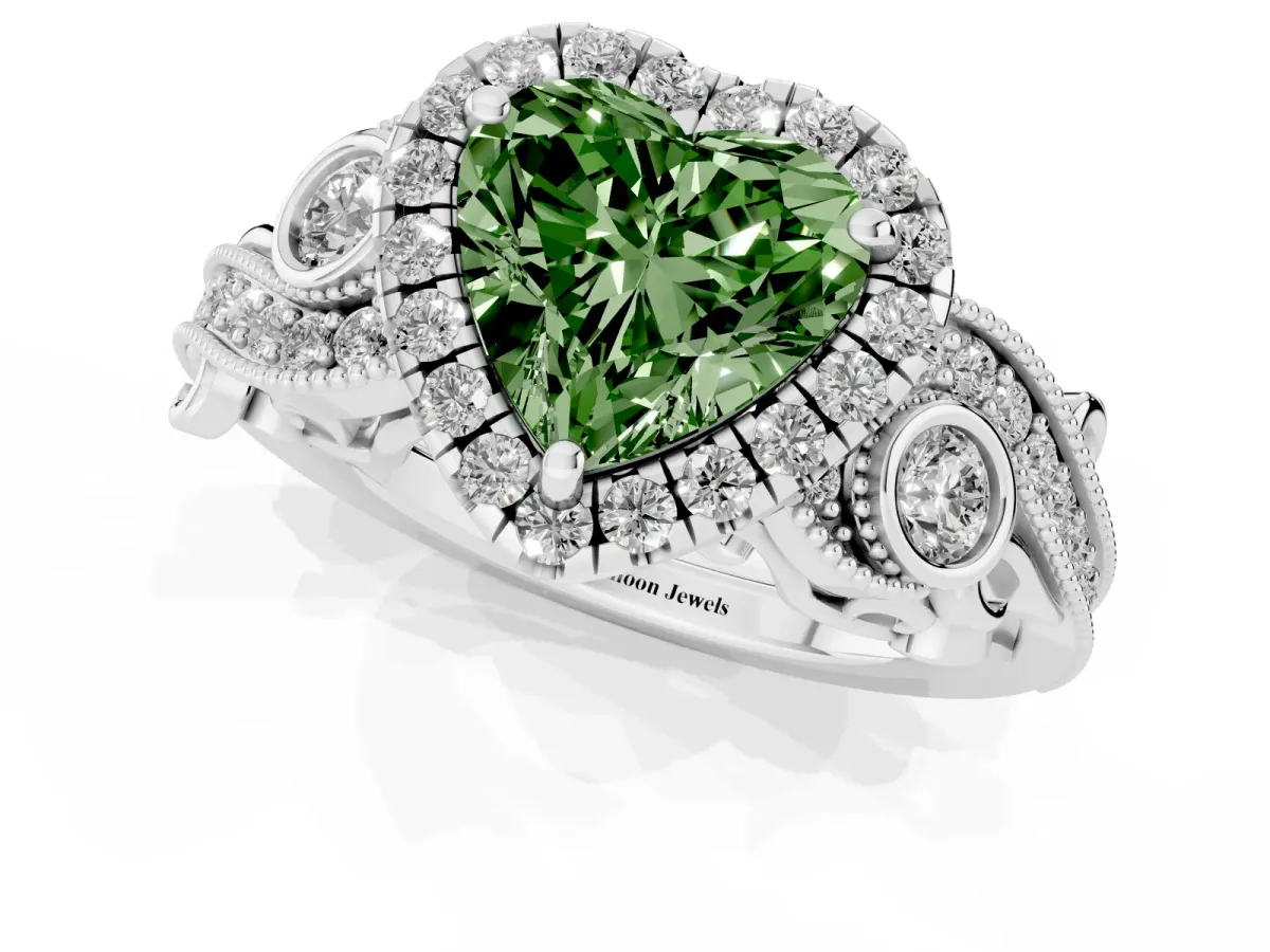 Fancy Green Heart Cut Diamond Halo Ring with Milgrain Pavé Band and Four-Prong Setting Silver