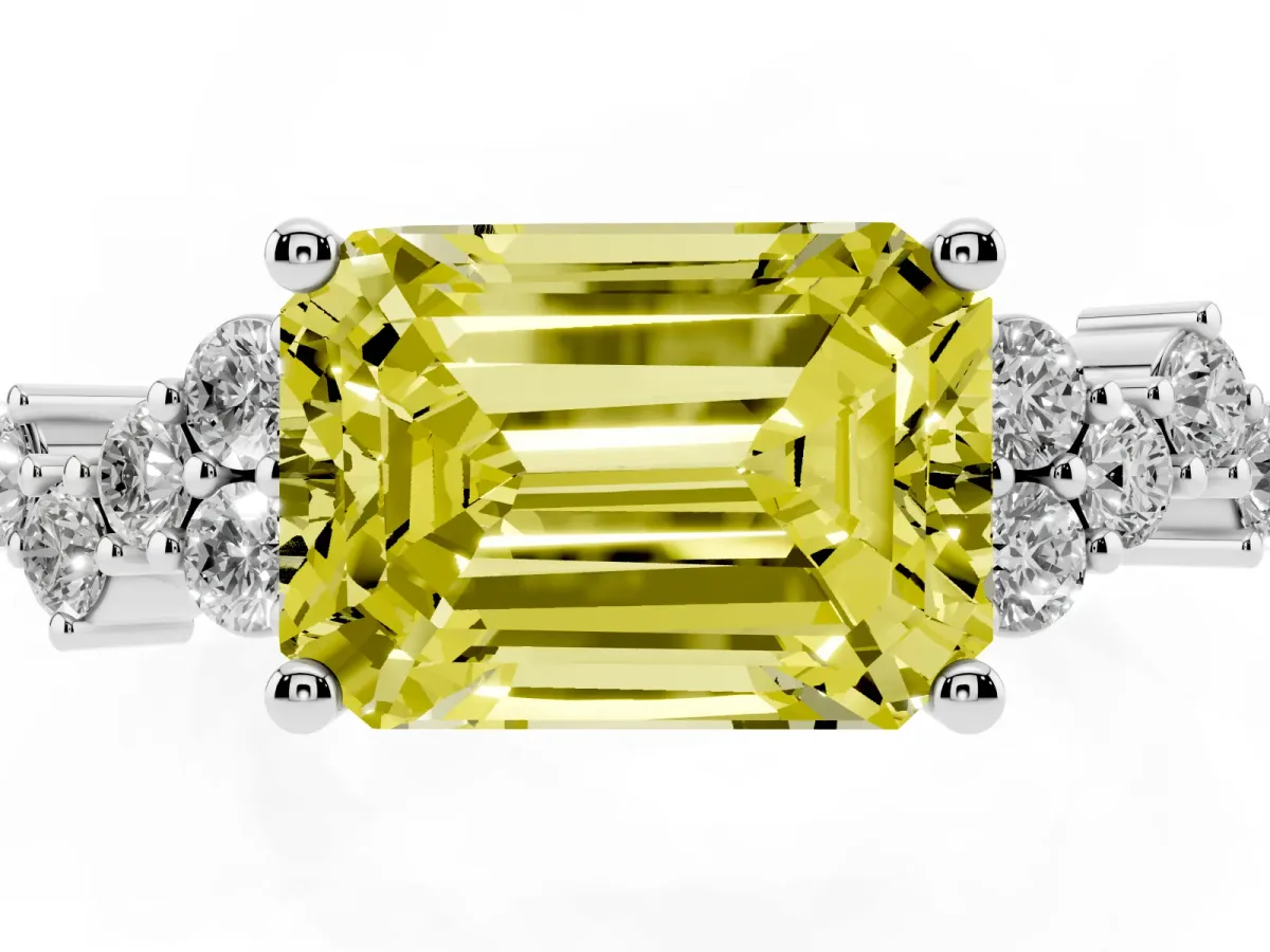 Fancy Yellow Emerald Cut Diamond Scattered Round Accent Ring with Prong Setting Silver