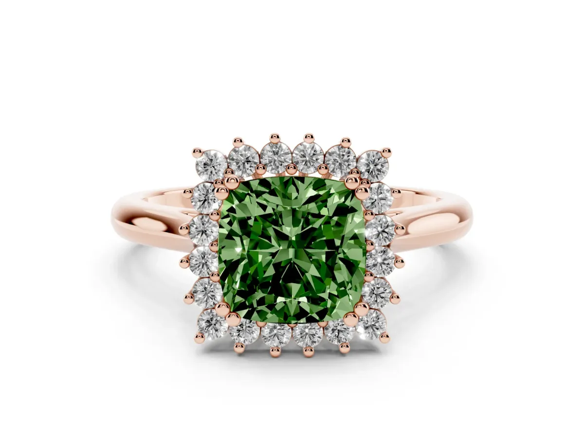 Fancy Green Cushion Cut Cut Diamond Halo Ring with Solitaire Band and Prong Setting Rose gold