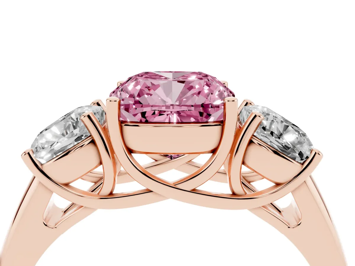 Fancy Pink Three-Stone Cushion Cut Diamond Engagement Ring with Prong Setting Rose gold