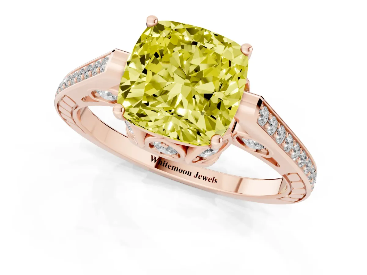 Fancy Yellow Cushion Cut Cut Cathedral Pave Diamond Engagement Ring with Six-Prong Setting Rose gold