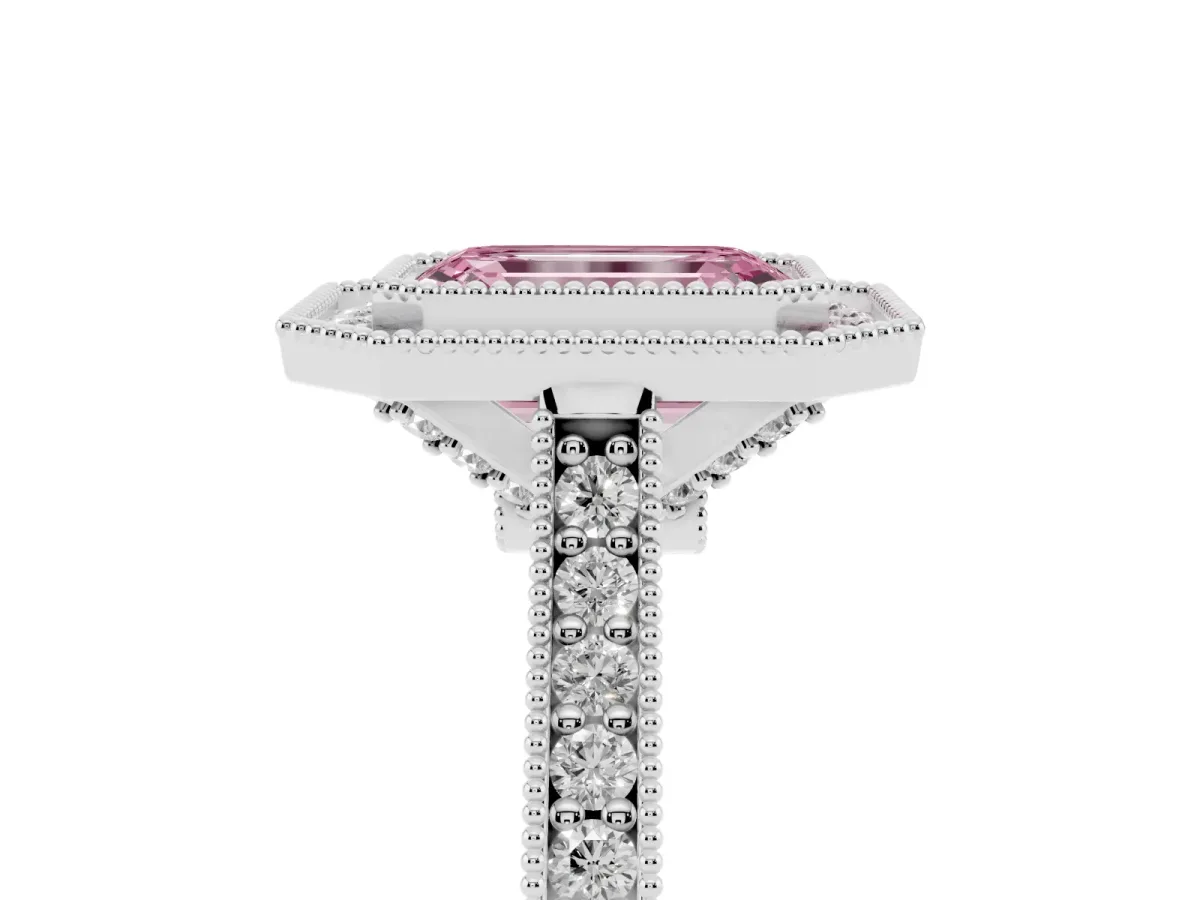 Fancy Pink Halo Emerald Cut-Cut Diamond Pave Band Milgrain Prong Setting Ring Silver