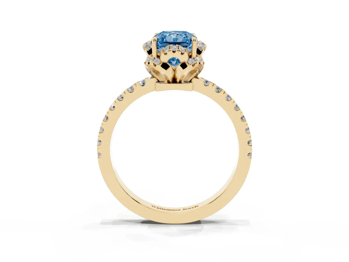 Fancy Blue Radiant Cut Halo Diamond Pave Band Ring with Four-Prong Setting Yellow gold