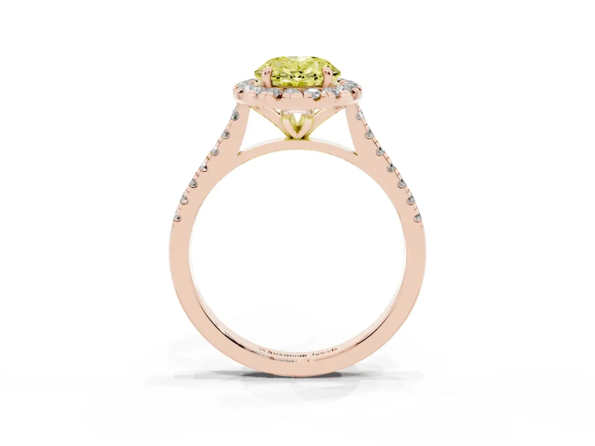 Fancy Yellow Oval Cut Diamond Cushion Halo Ring with Pavé Band Rose gold