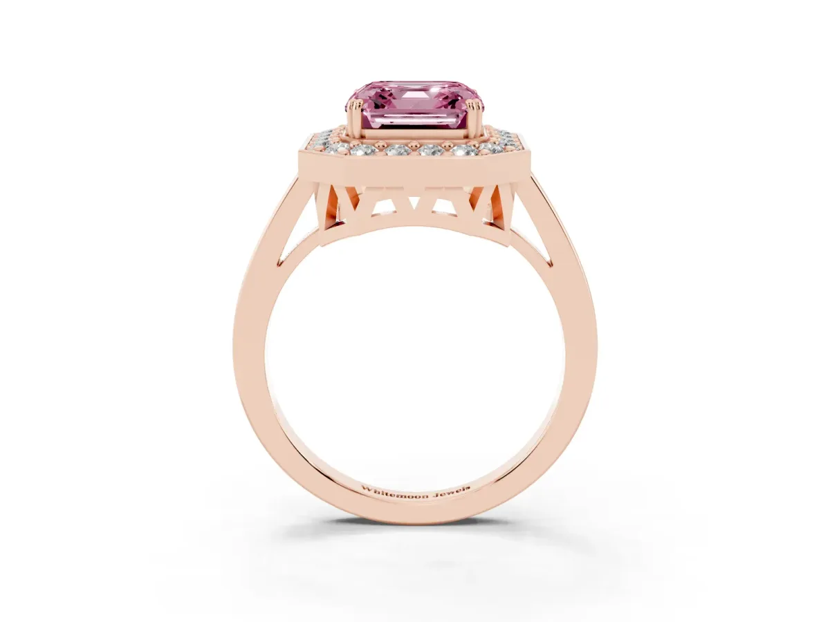 Fancy Pink Asscher Cut Diamond Halo Ring with Split Shank and Four-Prong Setting Rose gold