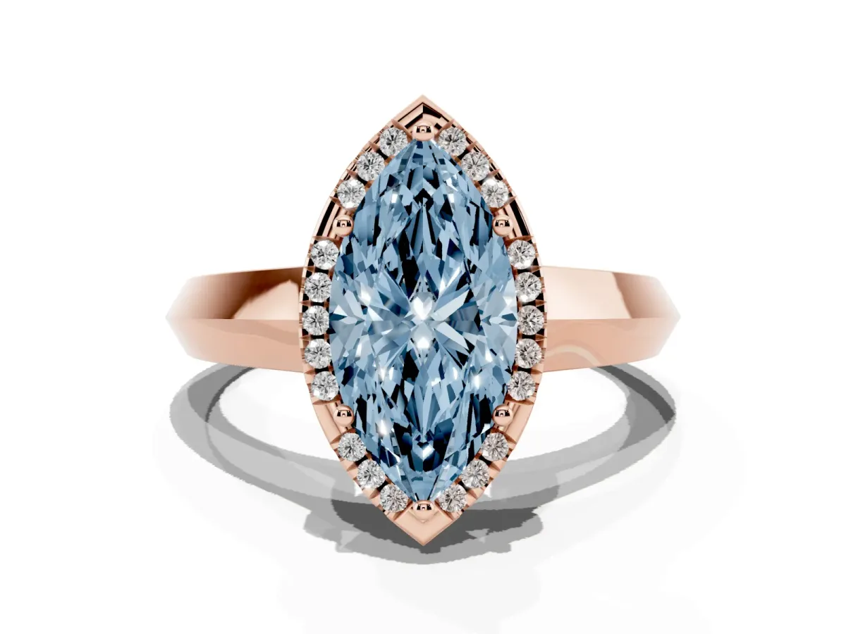 Fancy Blue Marquise Cut Halo Diamond Ring with Cathedral Band and Four-Prong Setting Rose gold