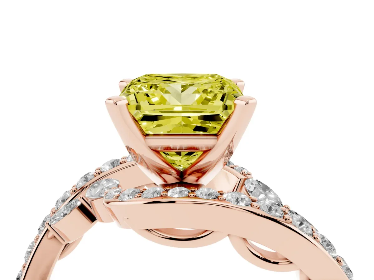 Fancy Yellow Princess Cut Solitaire with Pavé Twist Band and Four-Prong Setting Rose gold