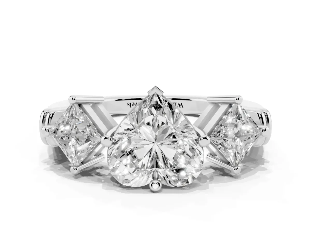 Three-Stone Heart Cut and Princess Cut Diamond Ring with Channel Band and Four-Prong Setting White gold
