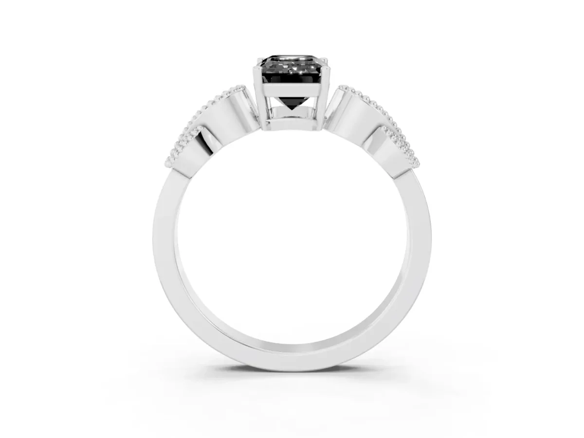 Fancy Black Emerald Cut Solitaire Milgrain Leaf Band with Prong Setting Silver