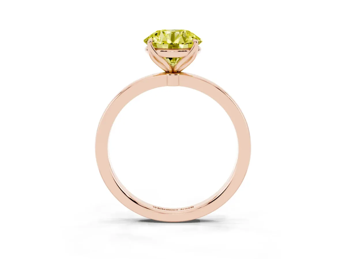 Fancy Yellow Round Cut Diamond Solitaire Ring with Thin Band and Prong Setting Rose gold