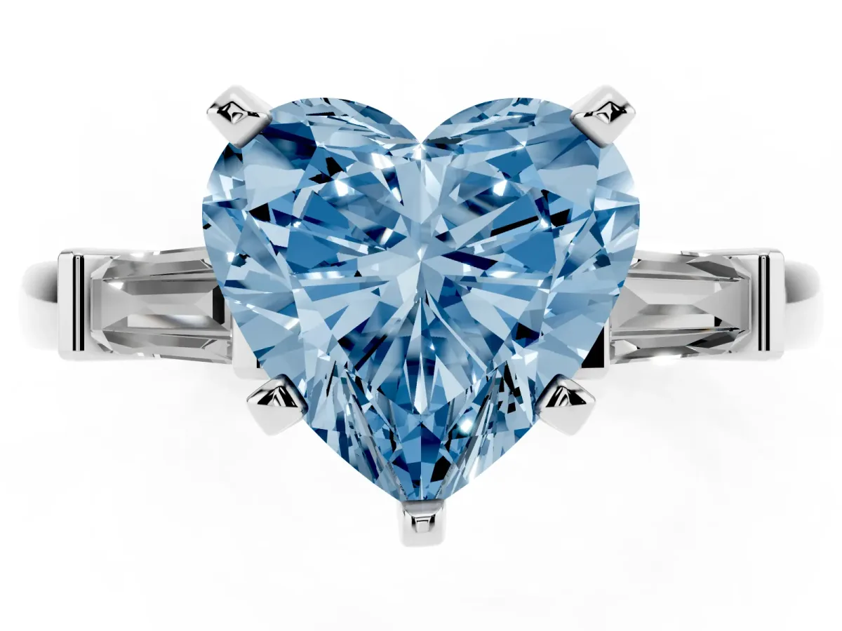Fancy Blue Heart Cut Cut Diamond Solitaire Ring with Tapered Baguette Accents and Four-Prong Setting Silver