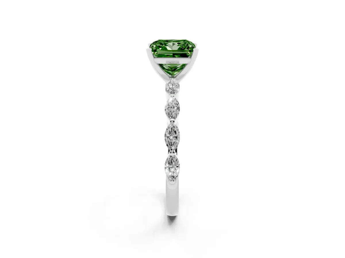 Fancy Green Princess Cut Diamond Ring with Marquise Side Stones and Prong Setting Platinum