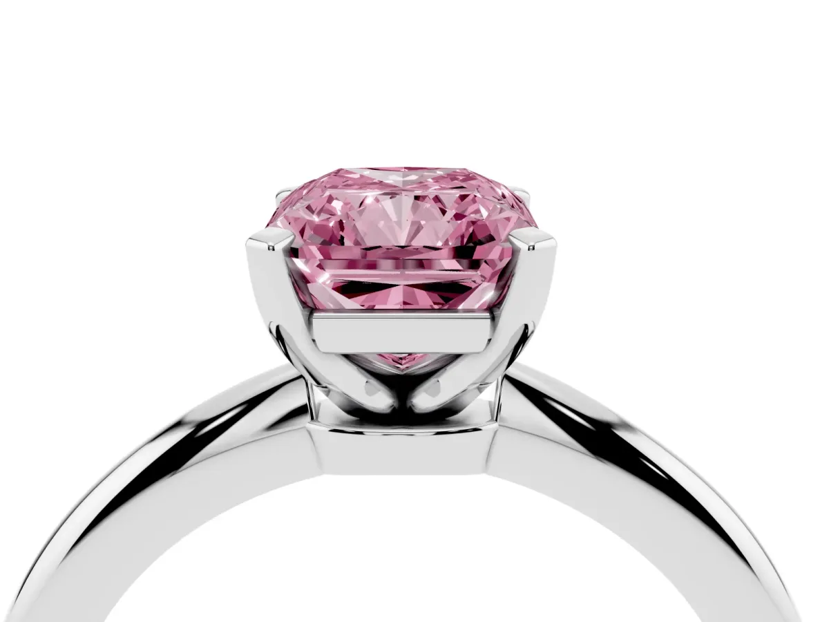 Fancy Pink Radiant Cut Diamond Solitaire Ring with Prong Setting and Classic Band Silver