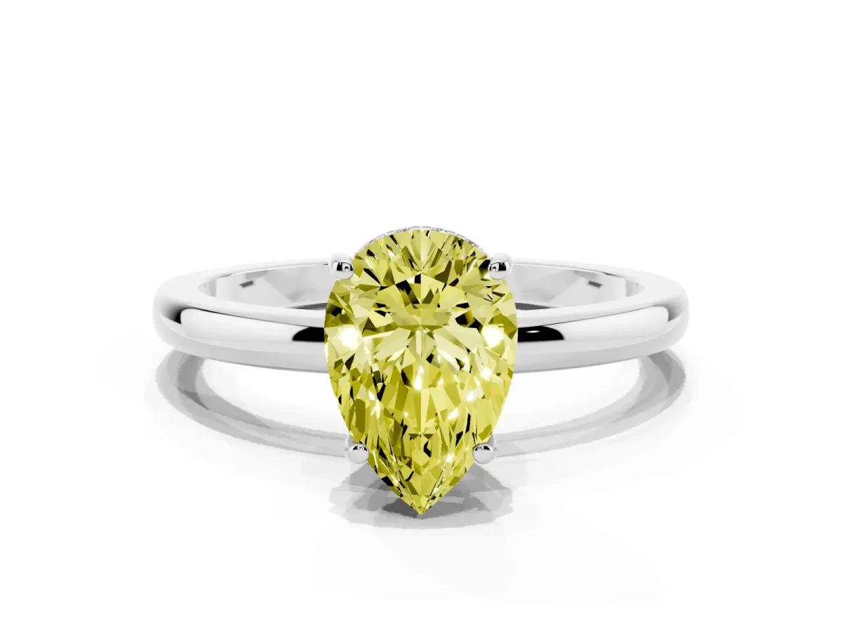 Fancy Yellow Pear Cut Solitaire Diamond Ring with Prong Setting and Plain Band Platinum