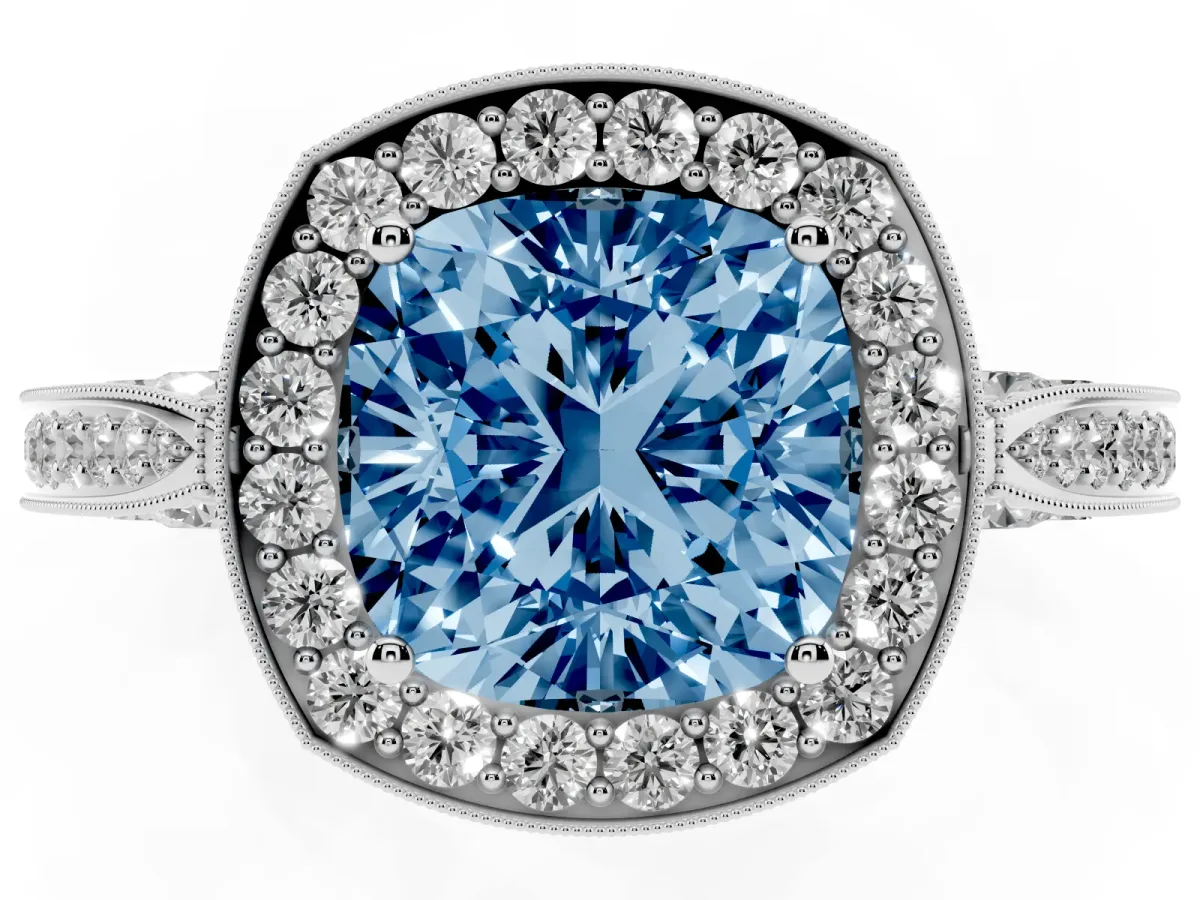 Fancy Blue Cushion Cut Halo Diamond Engagement Ring with Split Shank Band and Four-Prong Setting Silver