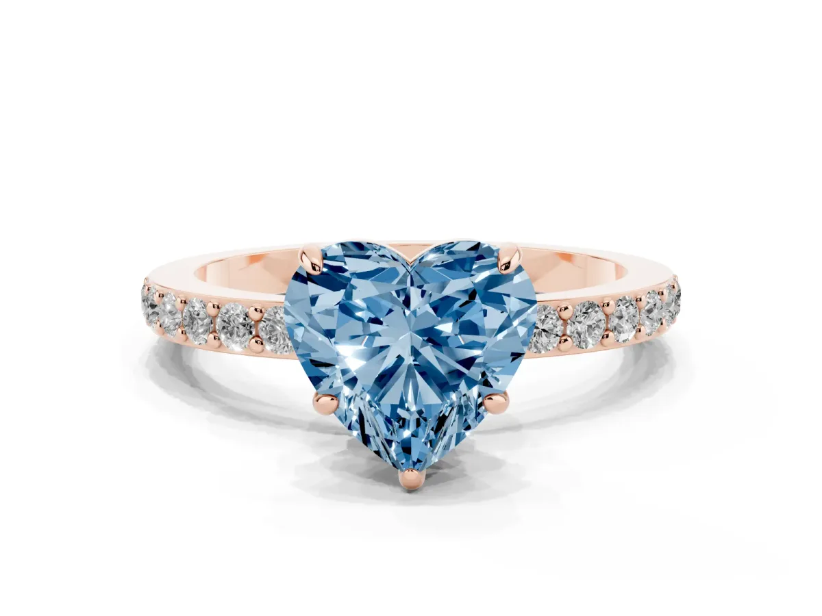 Fancy Blue Heart Cut Diamond Pavé Engagement Ring with Round Accents and Prong Setting Rose gold