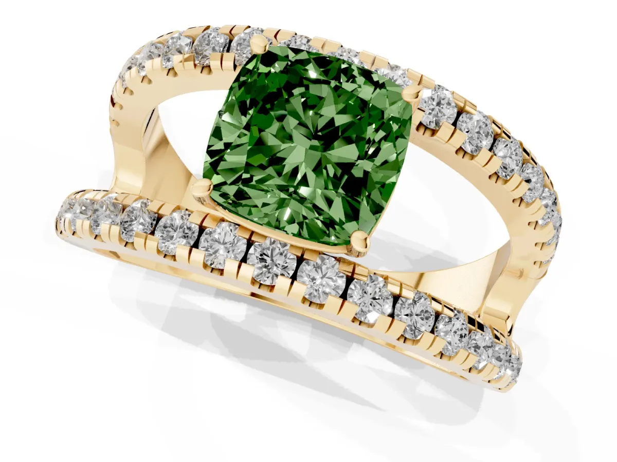 Fancy Green Cushion Cut Solitaire Split Shank Pave Diamond Ring Yellow gold