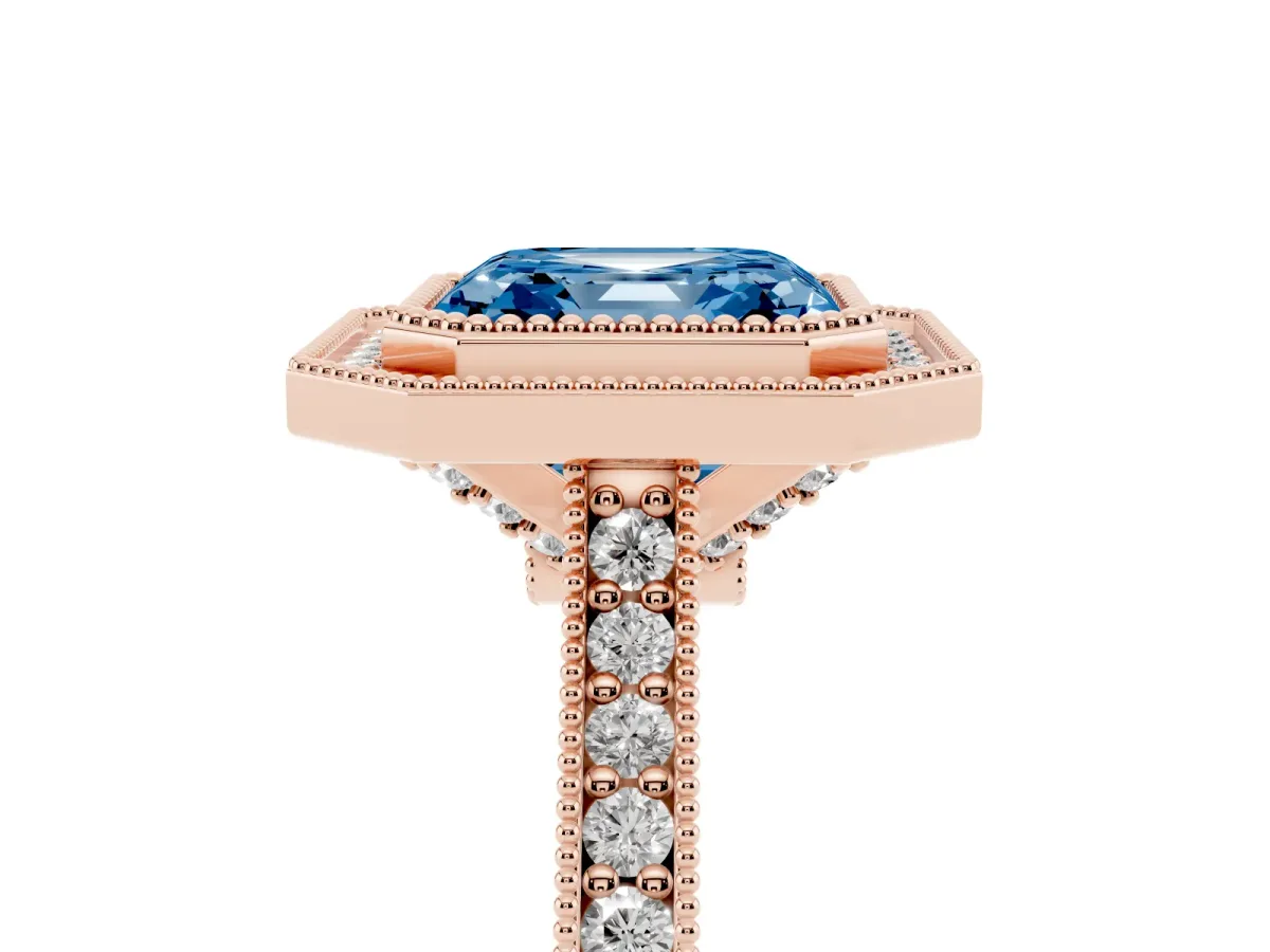 Fancy Blue Halo Asscher Cut-Cut Diamond Pave Band Milgrain Prong Setting Ring Rose gold
