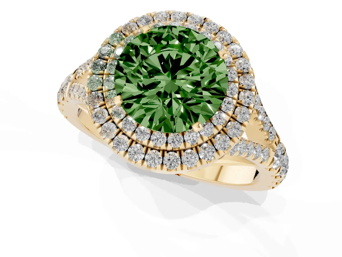 Fancy Green Round Cut Diamond Pavé Split Shank Double Halo Engagement Ring Yellow gold