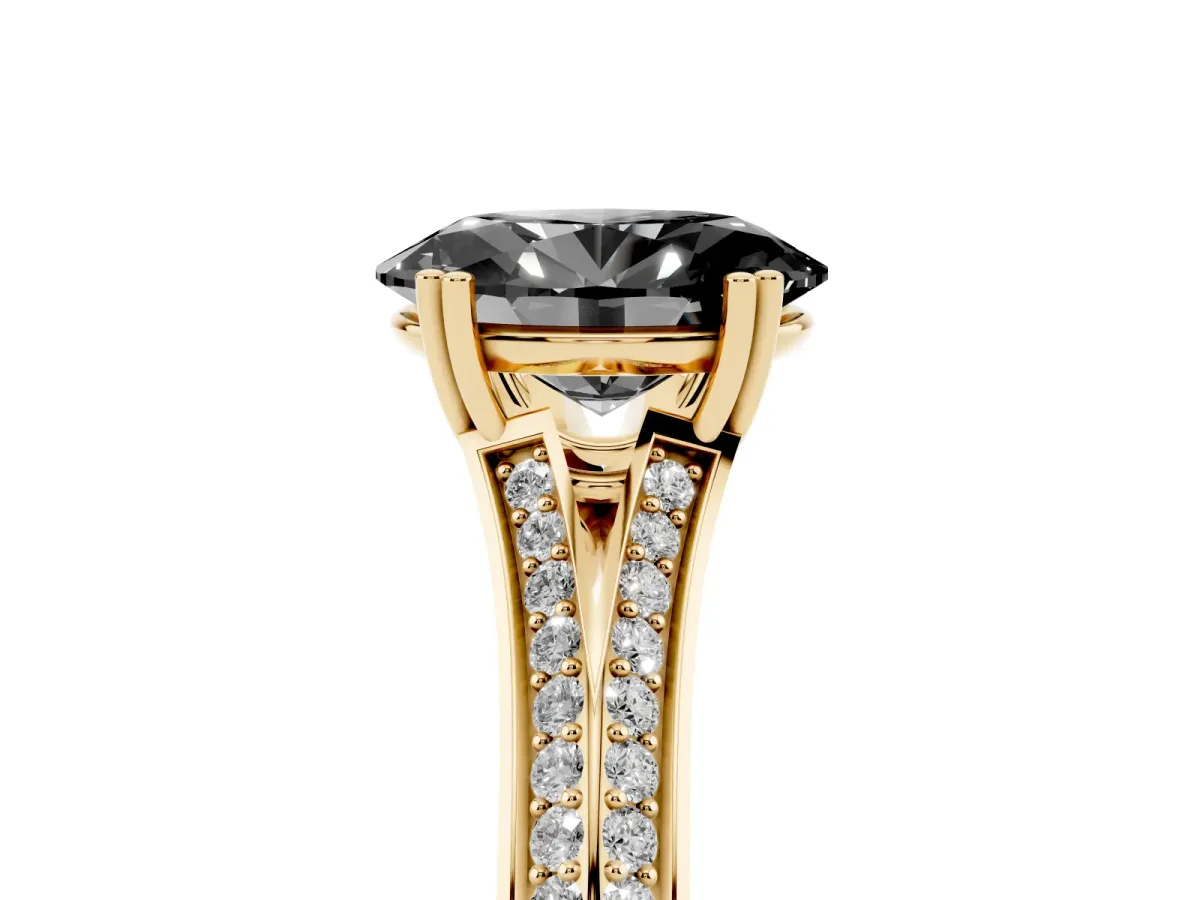 Fancy Black Oval Cut Diamond Split Shank Engagement Ring with Pavé Band Yellow gold