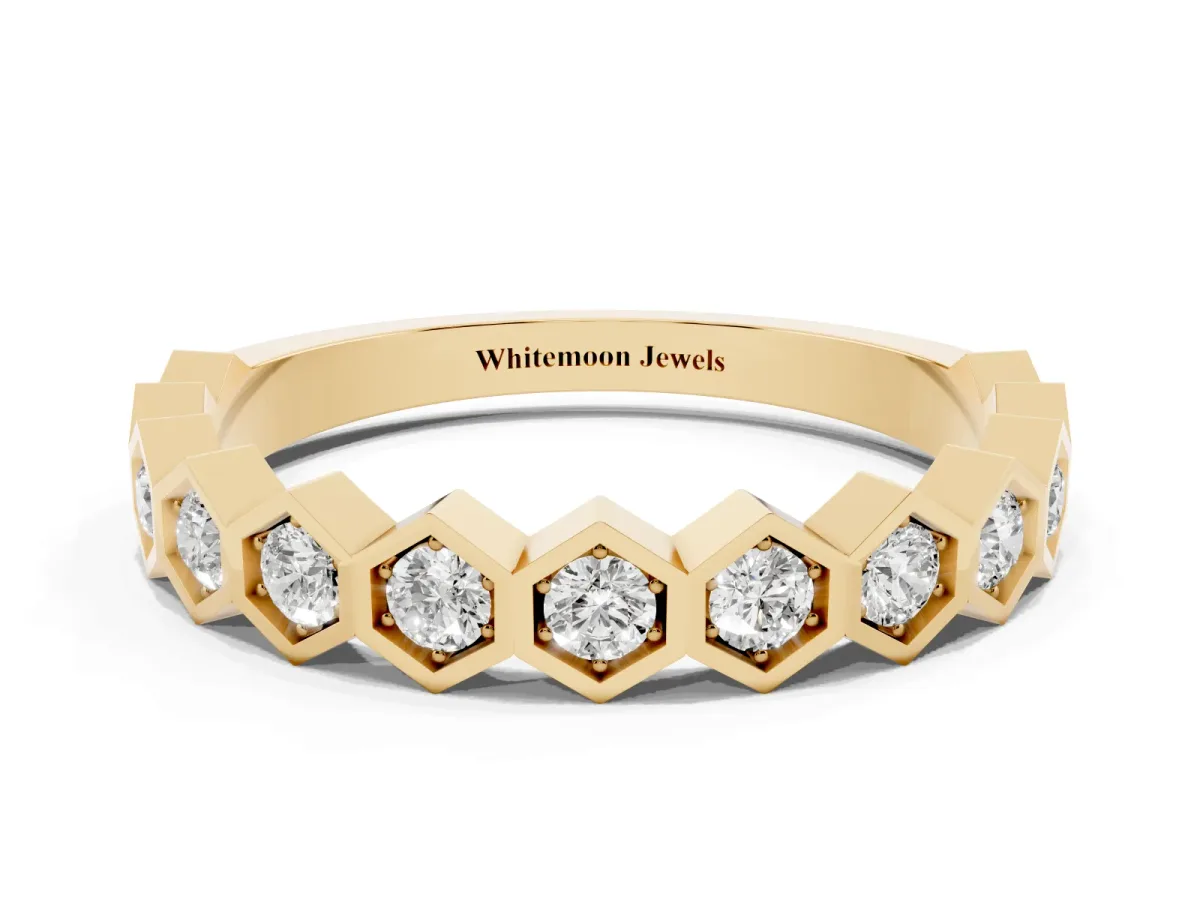 Hexagon Pave Diamond Eternity Band with Bezel Setting Yellow gold