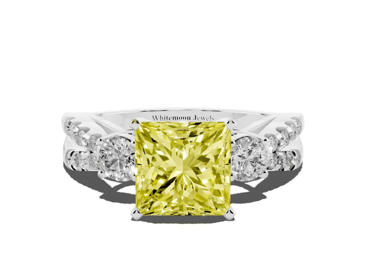 Fancy Yellow Princess Cut Diamond Three-Stone Ring with Pavé Split Shank and Four-Prong Setting Platinum